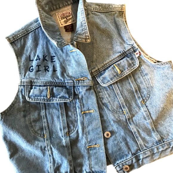Upcycled Denim Vest, Junior Size 14: Painted Table Rock Lake Sleeveless Jacket - Picture 8 of 14